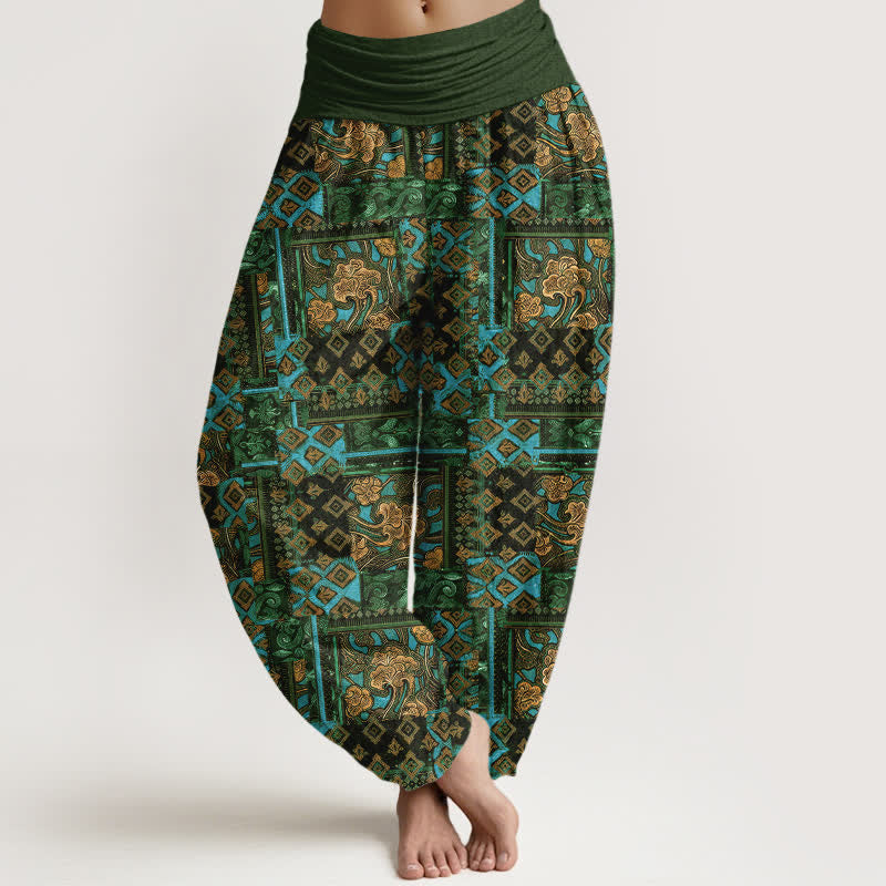 Buddha Stones Pantaloni harem da donna in puro cotone con motivo geometrico bohémien e vita elasticizzata. - Verde oliva scuro - US16, UK/AU20, EU48 (3XL) - image 5