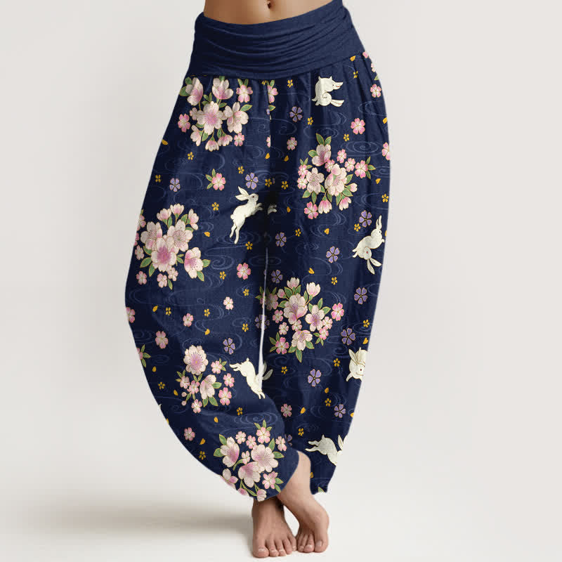 Buddha Stones Pantaloni harem da donna in puro cotone con fantasia floreale e coniglietti, vita elasticizzata. - Blu notte - US16, UK/AU20, EU48 (3XL) - image 0