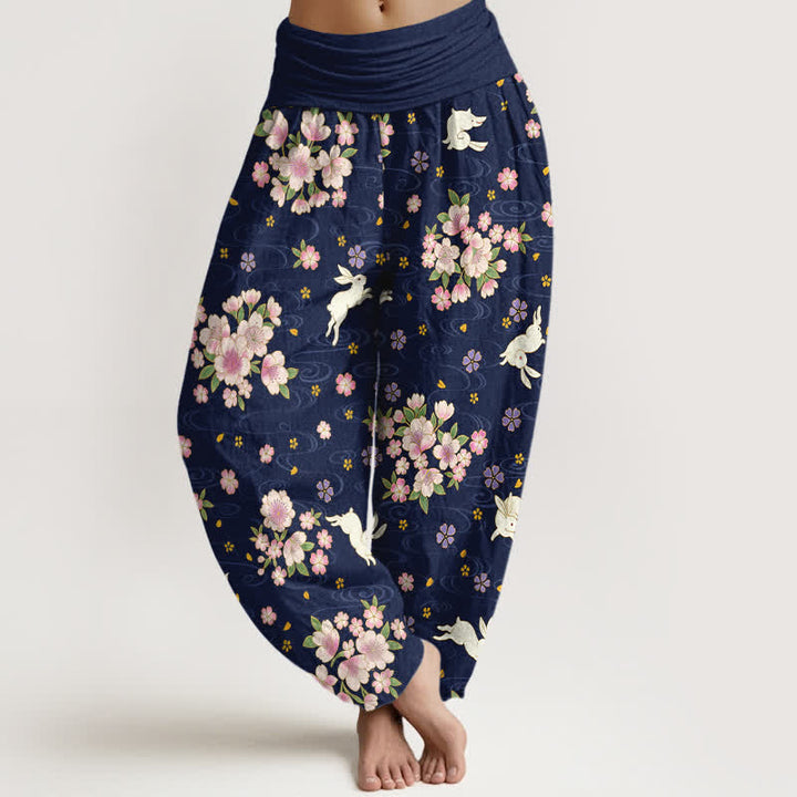 Buddha Stones Pantaloni harem da donna in puro cotone con fantasia floreale e coniglietti, vita elasticizzata. - Blu notte - US16, UK/AU20, EU48 (3XL) - image 0