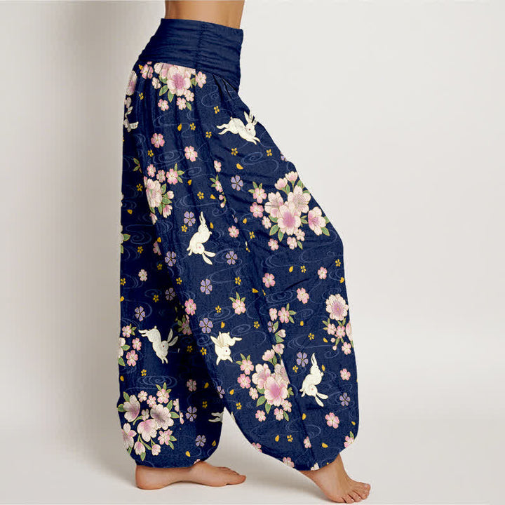 Buddha Stones Pantaloni harem da donna in puro cotone con fantasia floreale e coniglietti, vita elasticizzata. - image 1