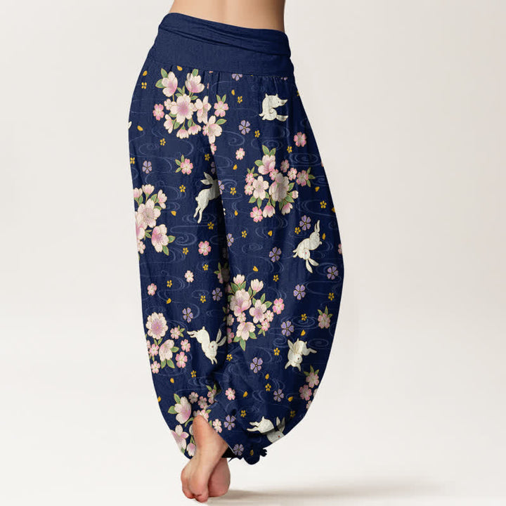 Buddha Stones Pantaloni harem da donna in puro cotone con fantasia floreale e coniglietti, vita elasticizzata. - image 2