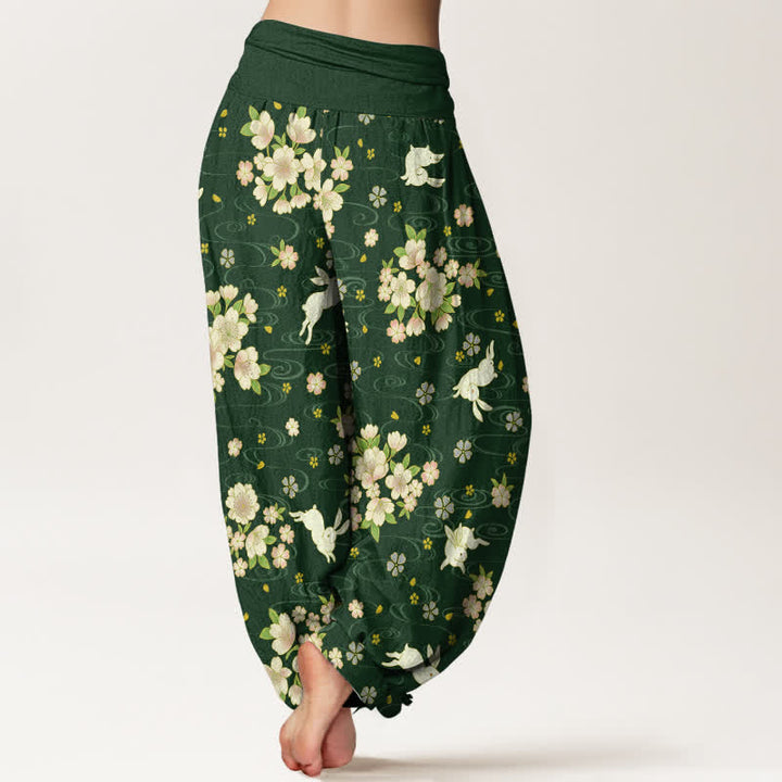 Buddha Stones Pantaloni harem da donna in puro cotone con fantasia floreale e coniglietti, vita elasticizzata. - image 7