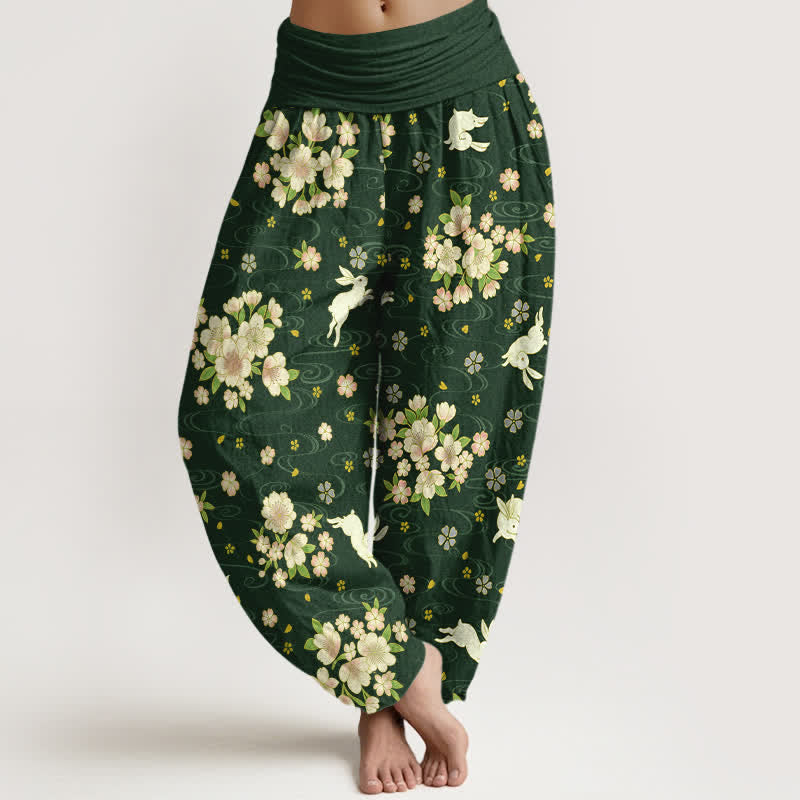 Buddha Stones Pantaloni harem da donna in puro cotone con fantasia floreale e coniglietti, vita elasticizzata. - Verde scuro - US16, UK/AU20, EU48 (3XL) - image 5