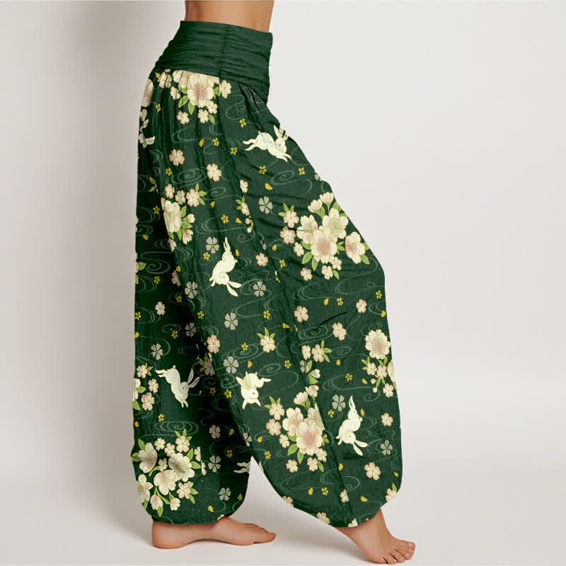 Buddha Stones Pantaloni harem da donna in puro cotone con fantasia floreale e coniglietti, vita elasticizzata. - image 6