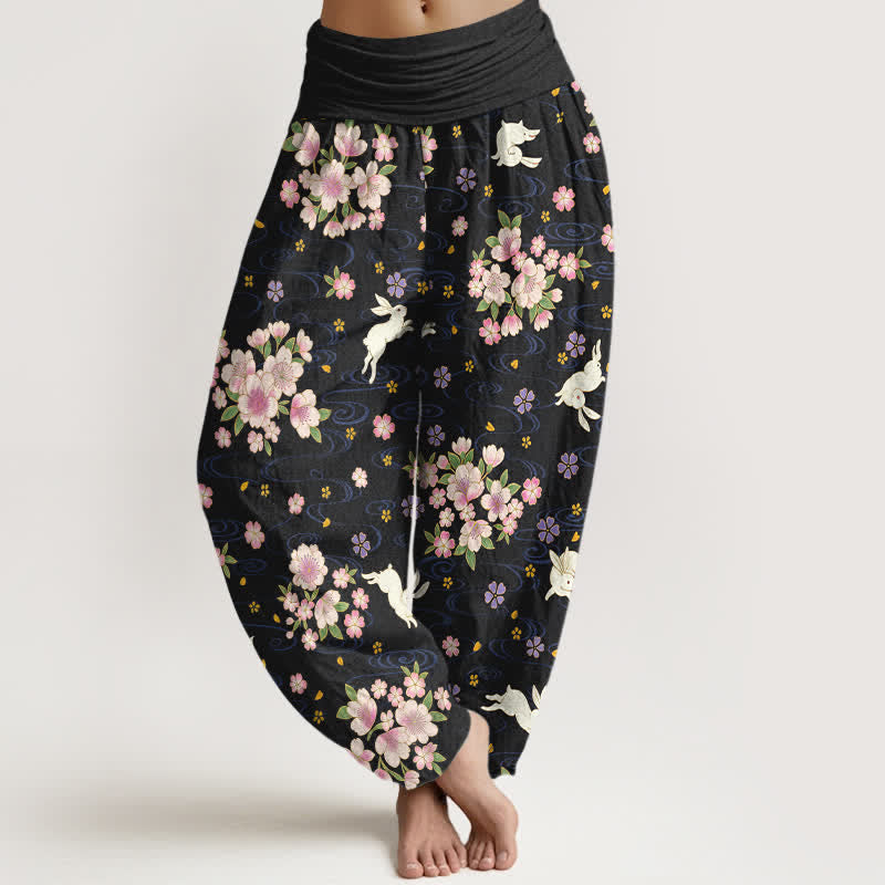 Buddha Stones Pantaloni harem da donna in puro cotone con fantasia floreale e coniglietti, vita elasticizzata. - Nero - US16, UK/AU20, EU48 (3XL) - image 8