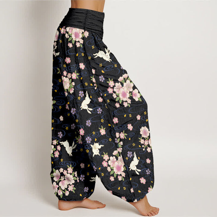 Buddha Stones Pantaloni harem da donna in puro cotone con fantasia floreale e coniglietti, vita elasticizzata. - image 9