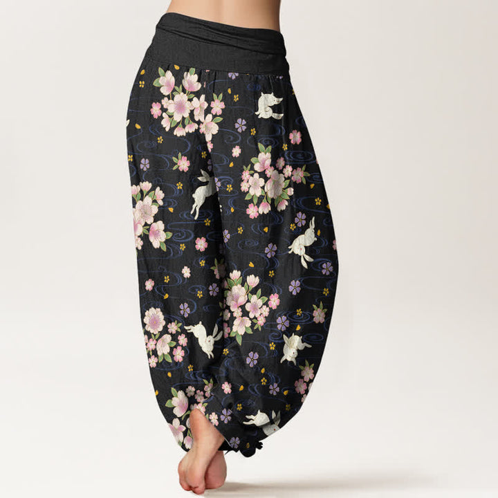 Buddha Stones Pantaloni harem da donna in puro cotone con fantasia floreale e coniglietti, vita elasticizzata. - image 10