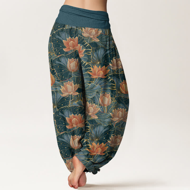 Buddha Stones Pantaloni harem da donna in puro cotone con motivo a fiori di loto e vita elasticizzata. - image 2