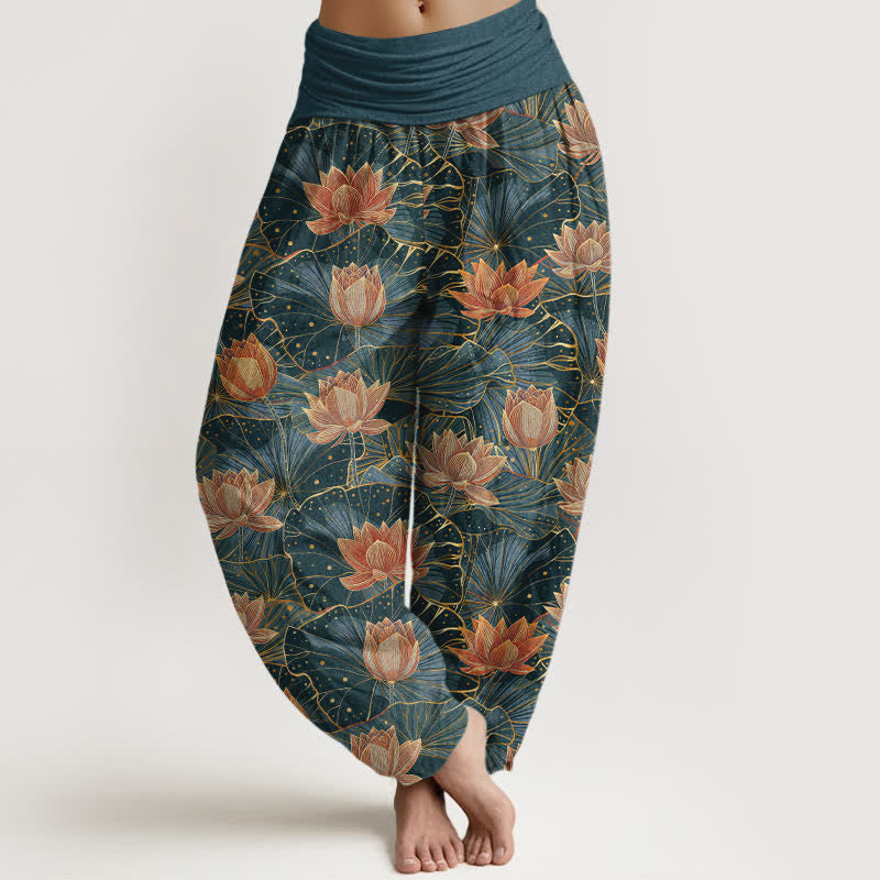 Buddha Stones Pantaloni harem da donna in puro cotone con motivo a fiori di loto e vita elasticizzata. - Verde acqua - US16, UK/AU20, EU48 (3XL) - image 0