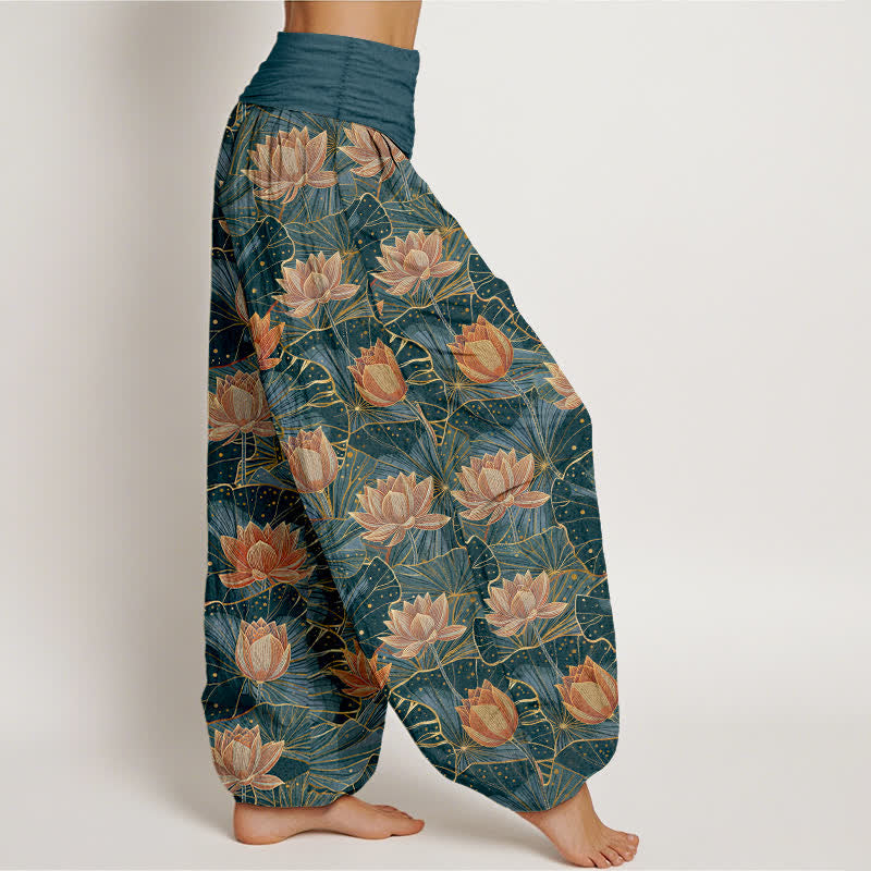 Buddha Stones Pantaloni harem da donna in puro cotone con motivo a fiori di loto e vita elasticizzata. - image 1