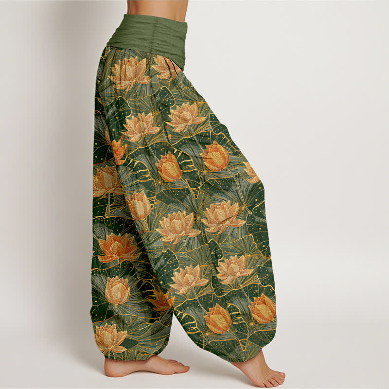 Buddha Stones Pantaloni harem da donna in puro cotone con motivo a fiori di loto e vita elasticizzata. - image 6