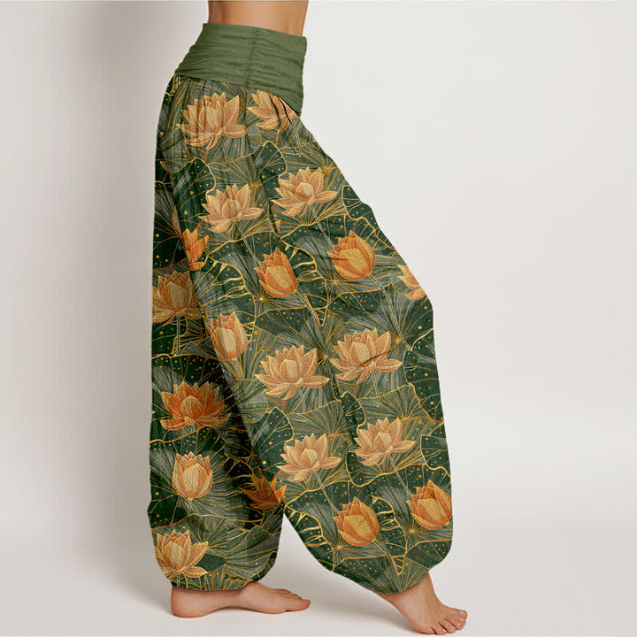 Buddha Stones Pantaloni harem da donna in puro cotone con motivo a fiori di loto e vita elasticizzata. - image 6