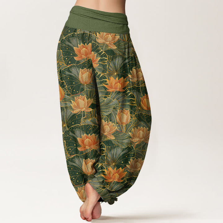 Buddha Stones Pantaloni harem da donna in puro cotone con motivo a fiori di loto e vita elasticizzata. - image 7