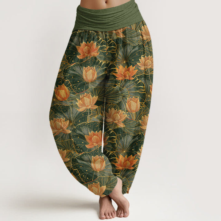 Buddha Stones Pantaloni harem da donna in puro cotone con motivo a fiori di loto e vita elasticizzata. - Verde oliva scuro - US16, UK/AU20, EU48 (3XL) - image 5