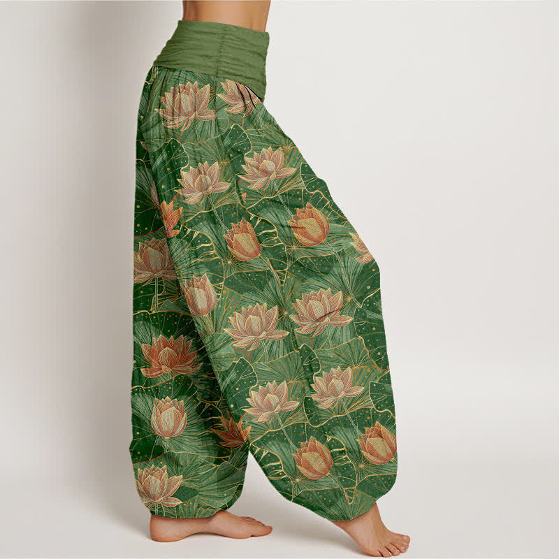Buddha Stones Pantaloni harem da donna in puro cotone con motivo a fiori di loto e vita elasticizzata. - image 9