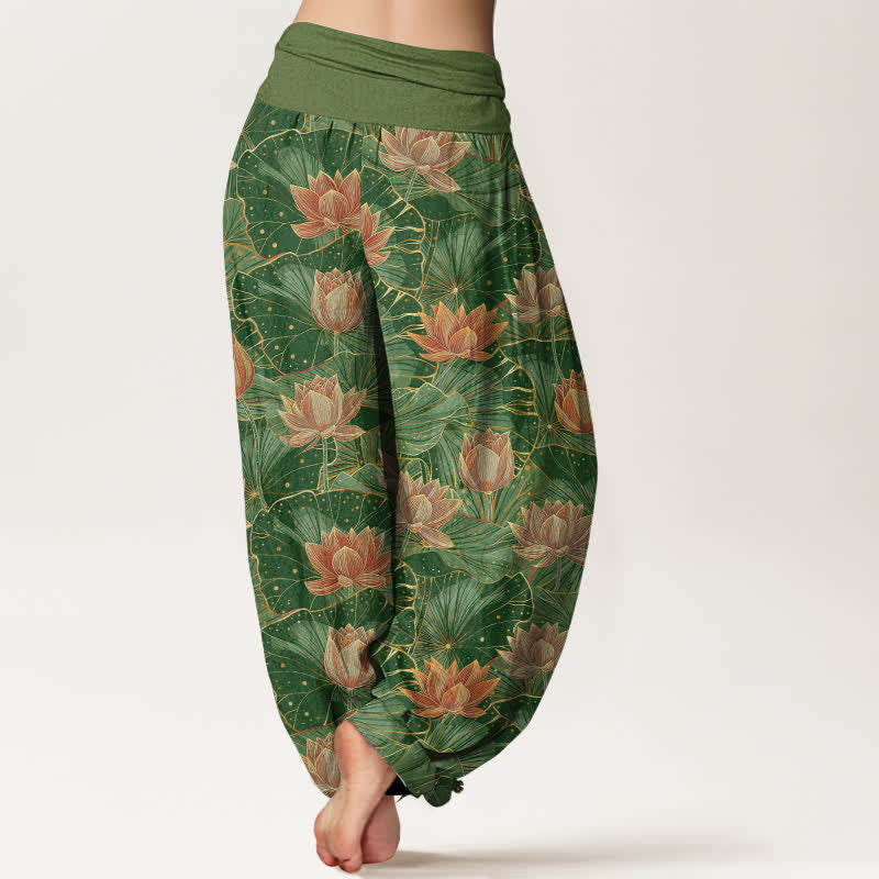 Buddha Stones Pantaloni harem da donna in puro cotone con motivo a fiori di loto e vita elasticizzata. - image 10