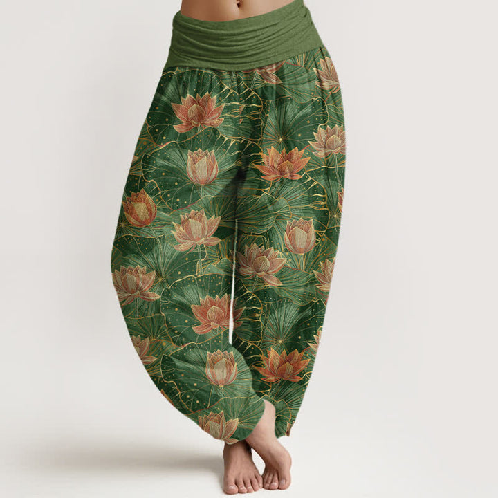 Buddha Stones Pantaloni harem da donna in puro cotone con motivo a fiori di loto e vita elasticizzata. - Verde studentesco - US16, UK/AU20, EU48 (3XL) - image 8
