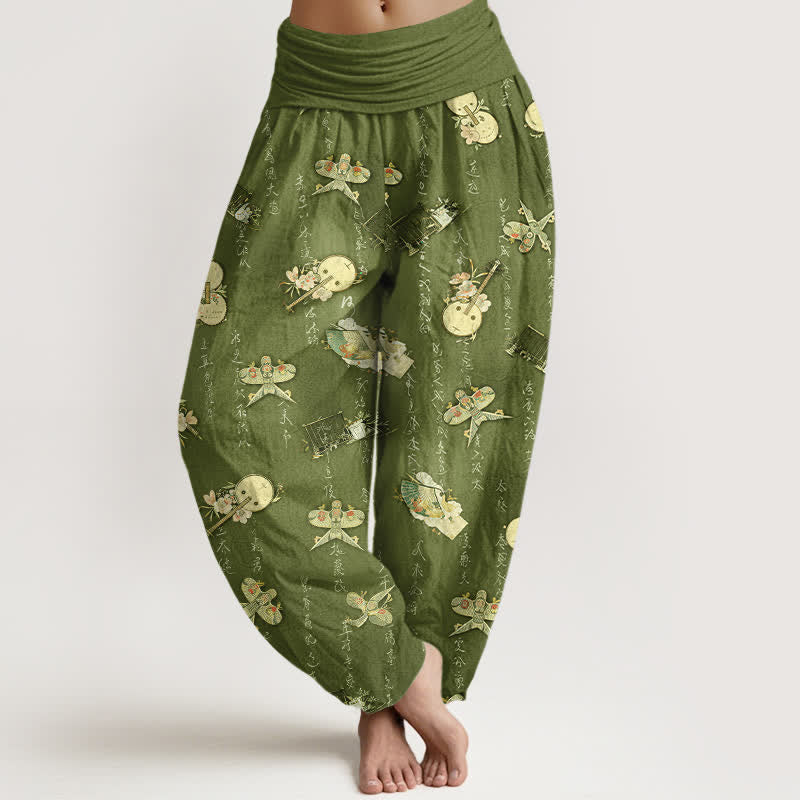 Buddha Stones Pantaloni harem da donna in puro cotone con elastico in vita e motivo calligrafico a forma di aquilone. - Verde oliva - US16, UK/AU20, EU48 (3XL) - image 0