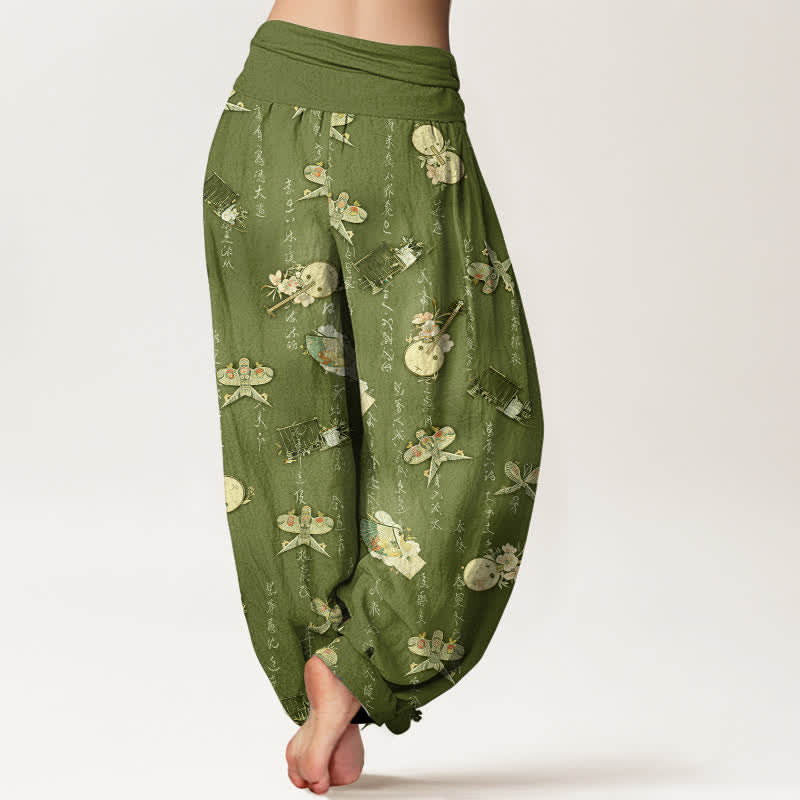 Buddha Stones Pantaloni harem da donna in puro cotone con elastico in vita e motivo calligrafico a forma di aquilone. - image 2