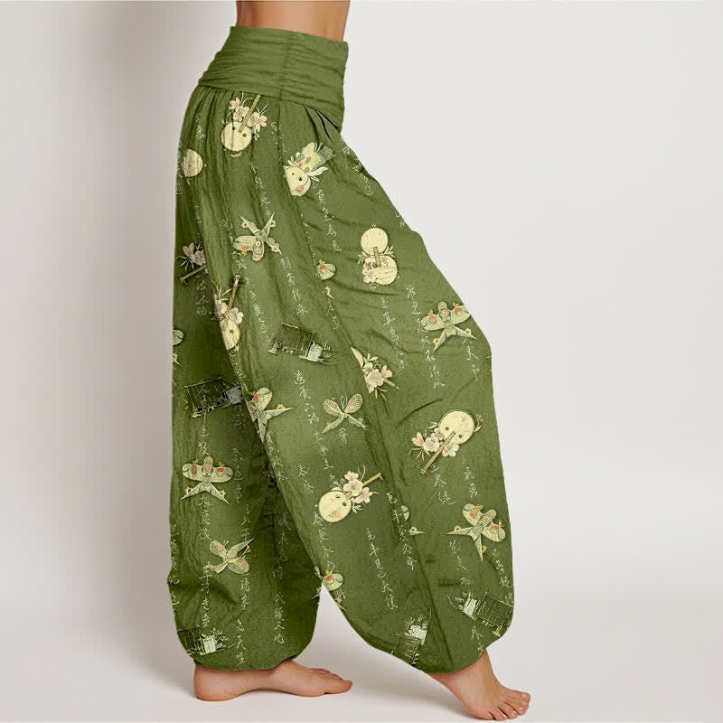 Buddha Stones Pantaloni harem da donna in puro cotone con elastico in vita e motivo calligrafico a forma di aquilone. - image 1