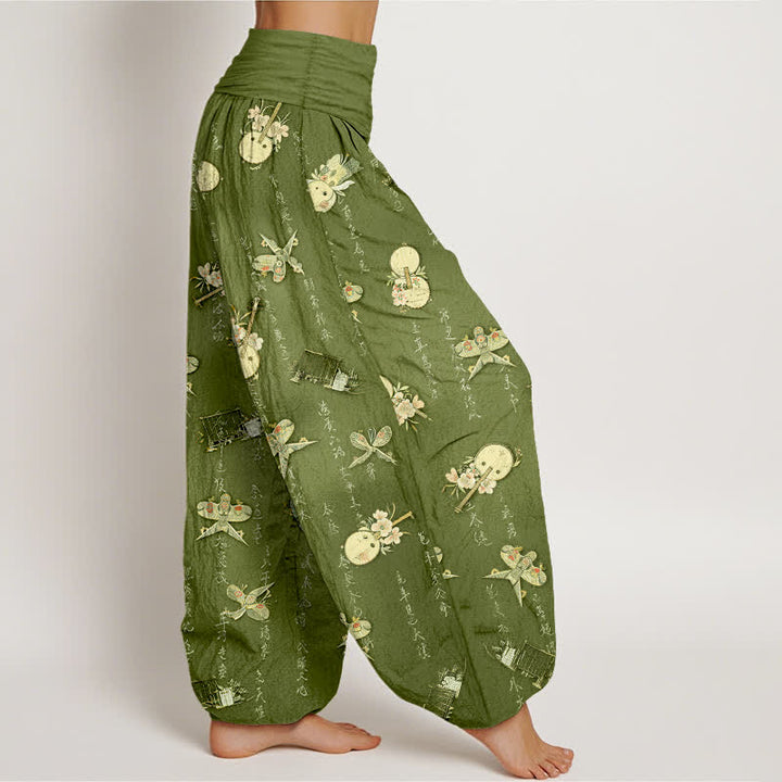 Buddha Stones Pantaloni harem da donna in puro cotone con elastico in vita e motivo calligrafico a forma di aquilone. - image 1