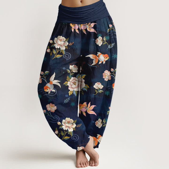 Buddha Stones Pantaloni harem da donna in puro cotone con motivo floreale e pesci koi, vita elasticizzata. - Blu notte - US16, UK/AU20, EU48 (3XL) - image 0