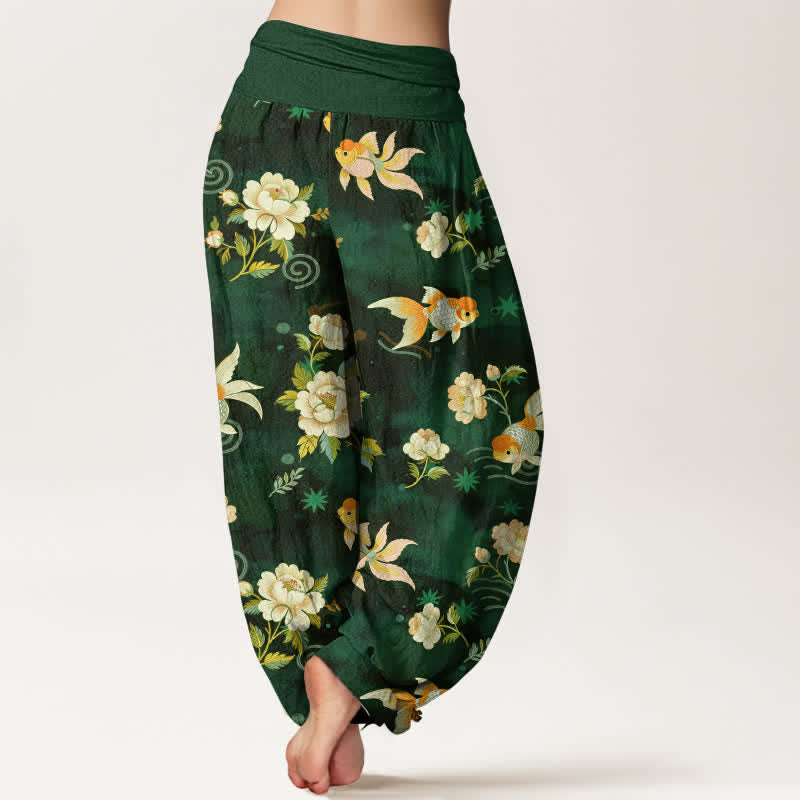Buddha Stones Pantaloni harem da donna in puro cotone con motivo floreale e pesci koi, vita elasticizzata. - image 7