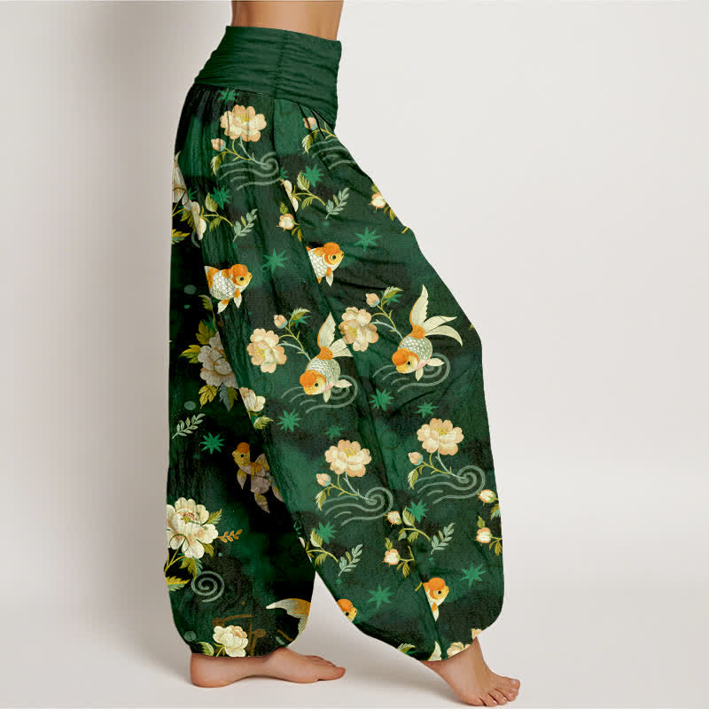Buddha Stones Pantaloni harem da donna in puro cotone con motivo floreale e pesci koi, vita elasticizzata. - image 6