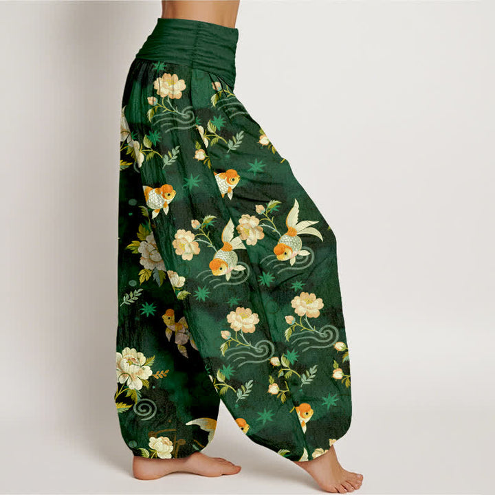 Buddha Stones Pantaloni harem da donna in puro cotone con motivo floreale e pesci koi, vita elasticizzata. - image 6