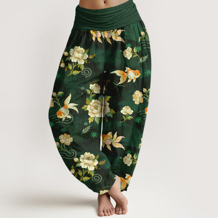 Buddha Stones Pantaloni harem da donna in puro cotone con motivo floreale e pesci koi, vita elasticizzata. - Verde scuro - US16, UK/AU20, EU48 (3XL) - image 5