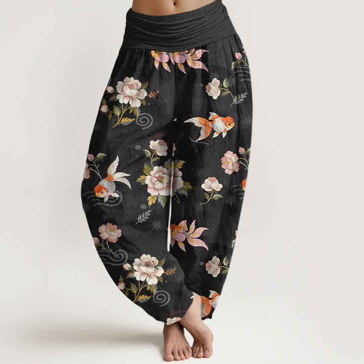 Buddha Stones Pantaloni harem da donna in puro cotone con motivo floreale e pesci koi, vita elasticizzata. - Nero - US16, UK/AU20, EU48 (3XL) - image 8