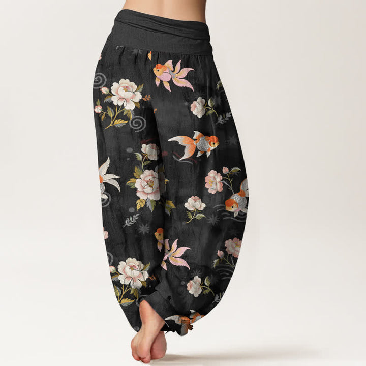 Buddha Stones Pantaloni harem da donna in puro cotone con motivo floreale e pesci koi, vita elasticizzata. - image 10