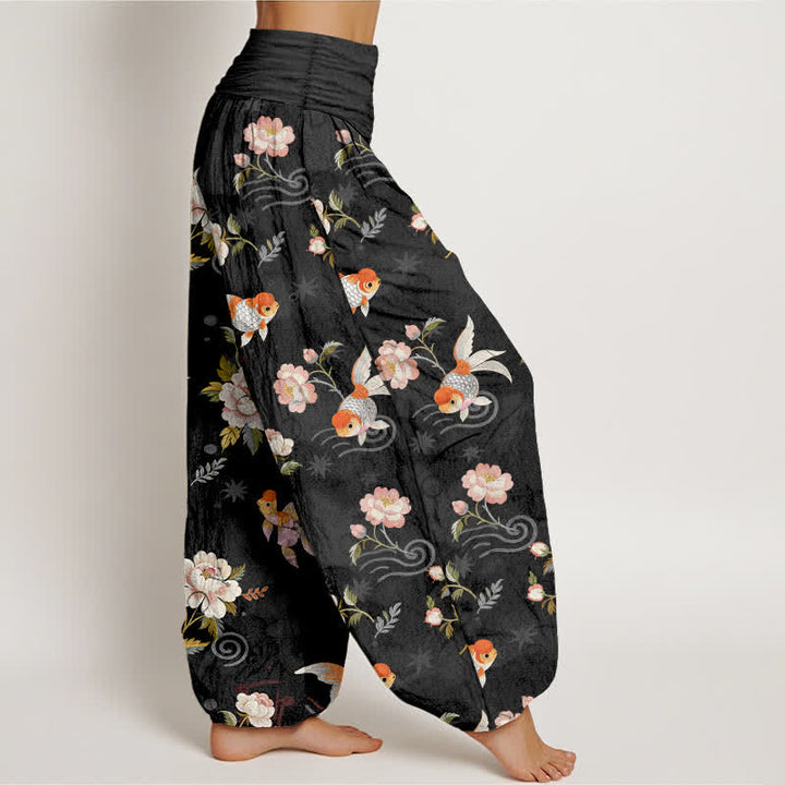 Buddha Stones Pantaloni harem da donna in puro cotone con motivo floreale e pesci koi, vita elasticizzata. - image 9