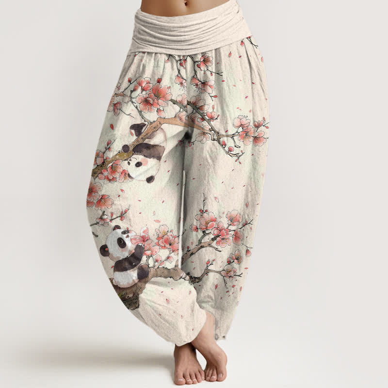 Buddha Stones Pantaloni harem da donna in puro cotone con motivo panda e fiori di ciliegio, con elastico in vita. - Biancheria - US16, UK/AU20, EU48 (3XL) - image 0