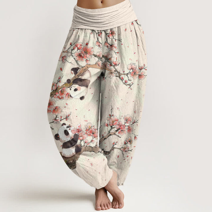 Buddha Stones Pantaloni harem da donna in puro cotone con motivo panda e fiori di ciliegio, con elastico in vita. - Biancheria - US16, UK/AU20, EU48 (3XL) - image 0