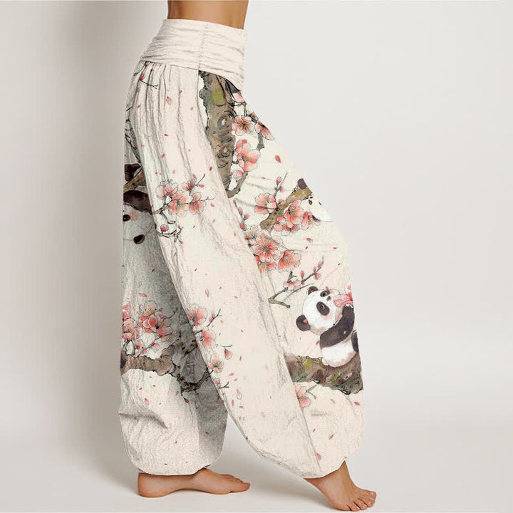 Buddha Stones Pantaloni harem da donna in puro cotone con motivo panda e fiori di ciliegio, con elastico in vita. - image 1