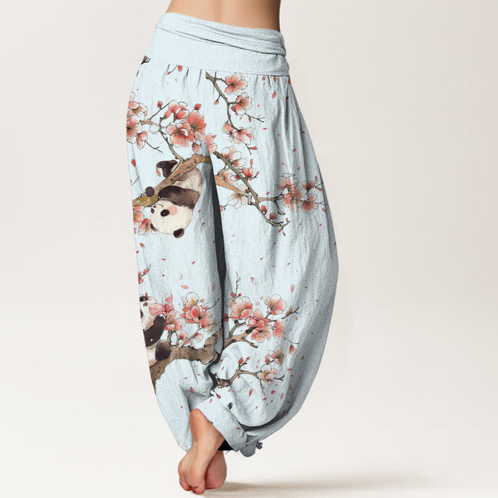 Buddha Stones Pantaloni harem da donna in puro cotone con motivo panda e fiori di ciliegio, con elastico in vita. - image 7