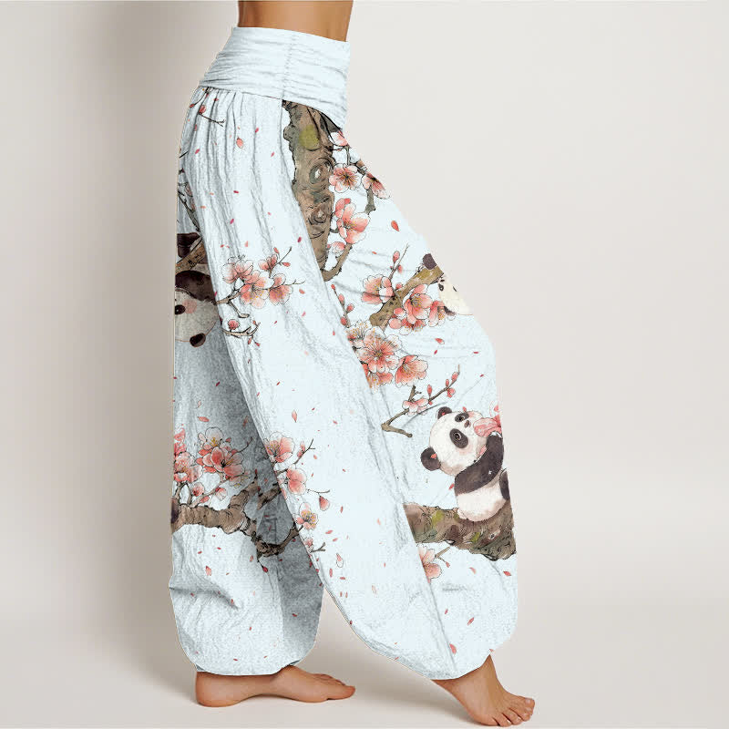 Buddha Stones Pantaloni harem da donna in puro cotone con motivo panda e fiori di ciliegio, con elastico in vita. - image 6