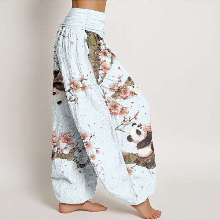 Buddha Stones Pantaloni harem da donna in puro cotone con motivo panda e fiori di ciliegio, con elastico in vita. - image 6