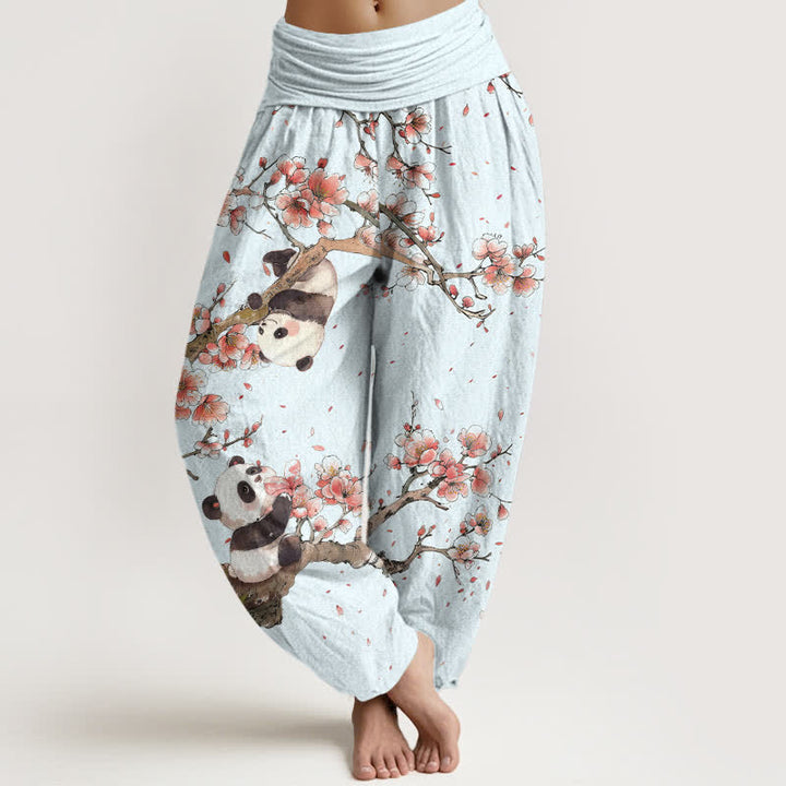 Buddha Stones Pantaloni harem da donna in puro cotone con motivo panda e fiori di ciliegio, con elastico in vita. - AliceBlue - US16, UK/AU20, EU48 (3XL) - image 5