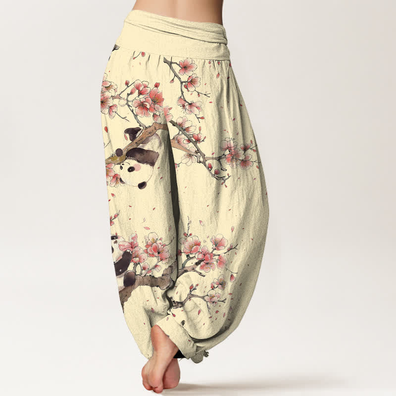 Buddha Stones Pantaloni harem da donna in puro cotone con motivo panda e fiori di ciliegio, con elastico in vita. - image 10
