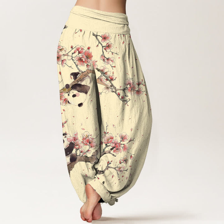 Buddha Stones Pantaloni harem da donna in puro cotone con motivo panda e fiori di ciliegio, con elastico in vita. - image 10