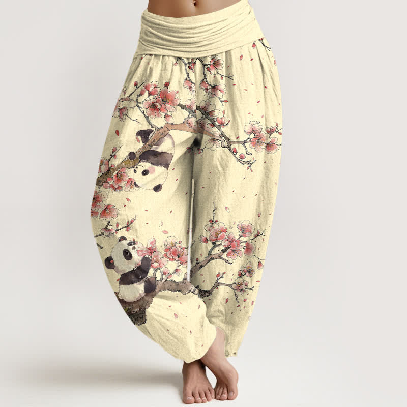 Buddha Stones Pantaloni harem da donna in puro cotone con motivo panda e fiori di ciliegio, con elastico in vita. - LemonChiffon - US16, UK/AU20, EU48 (3XL) - image 8