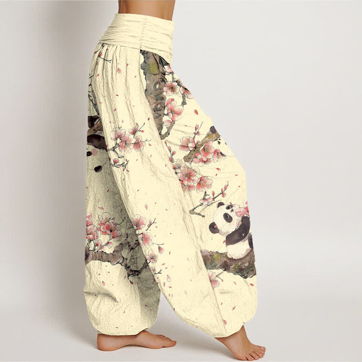 Buddha Stones Pantaloni harem da donna in puro cotone con motivo panda e fiori di ciliegio, con elastico in vita. - image 9
