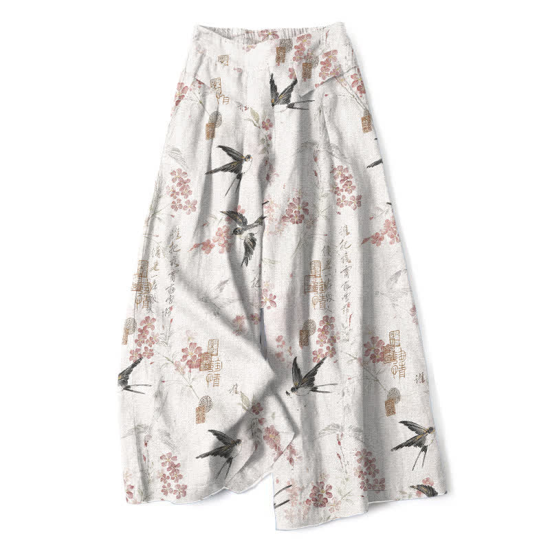 Buddha Stones Pantaloni da donna in cotone e lino con elastico in vita e gamba larga, fantasia floreale con uccellini e tasche. - Bianco - US16, UK/AU20, EU48 (3XL) - image 0