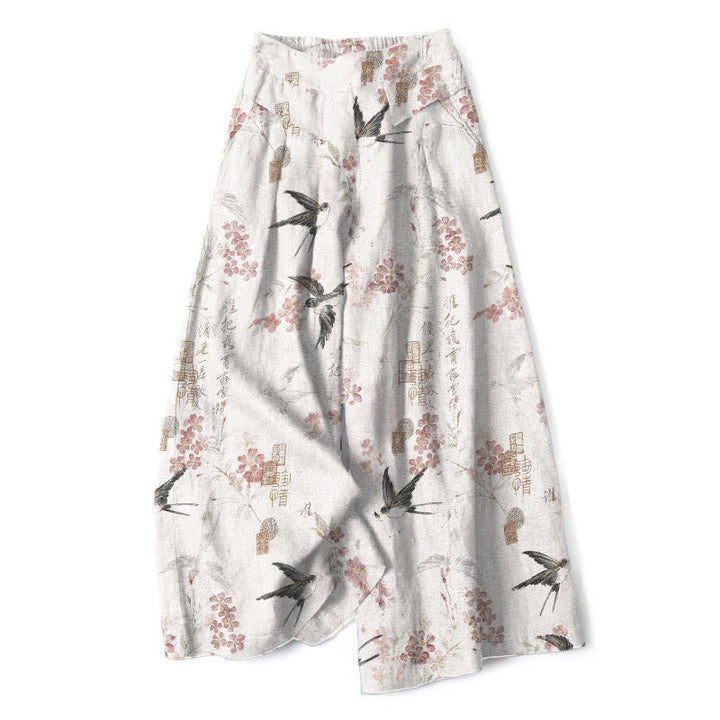 Buddha Stones Pantaloni da donna in cotone e lino con elastico in vita e gamba larga, fantasia floreale con uccellini e tasche. - Bianco - US16, UK/AU20, EU48 (3XL) - image 0