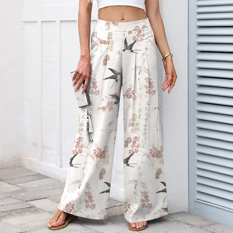 Buddha Stones Pantaloni da donna in cotone e lino con elastico in vita e gamba larga, fantasia floreale con uccellini e tasche. - image 1