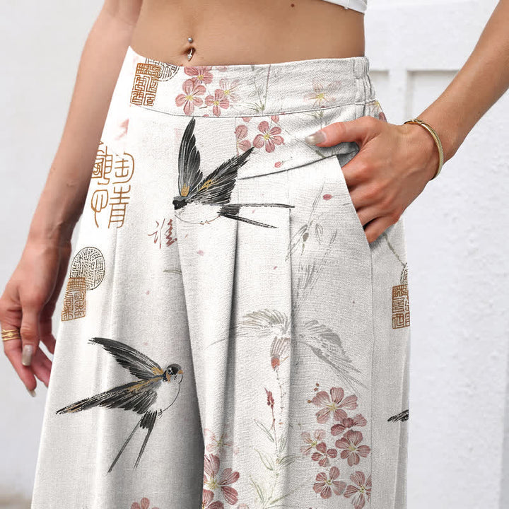 Buddha Stones Pantaloni da donna in cotone e lino con elastico in vita e gamba larga, fantasia floreale con uccellini e tasche. - image 2