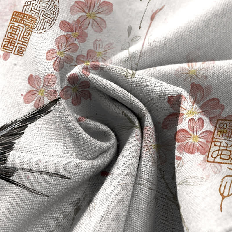 Buddha Stones Pantaloni da donna in cotone e lino con elastico in vita e gamba larga, fantasia floreale con uccellini e tasche. - image 4