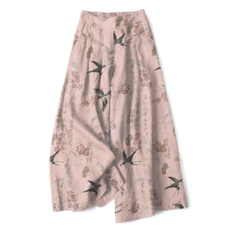 Buddha Stones Pantaloni da donna in cotone e lino con elastico in vita e gamba larga, fantasia floreale con uccellini e tasche. - Rosa chiaro - US16, UK/AU20, EU48 (3XL) - image 5